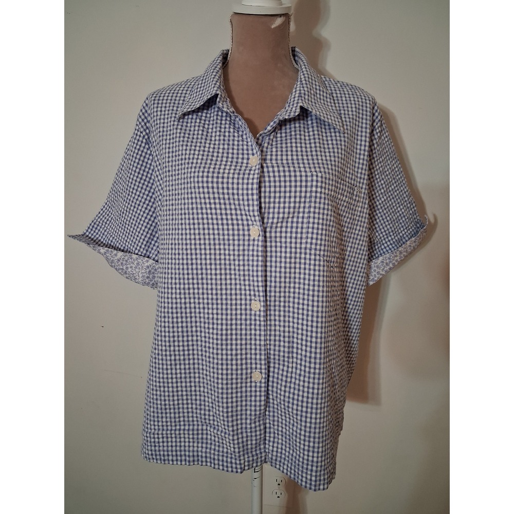 Susan Graver Style Womens 2X Blue Gingham Button Short Sleeve Shirt Seersucker